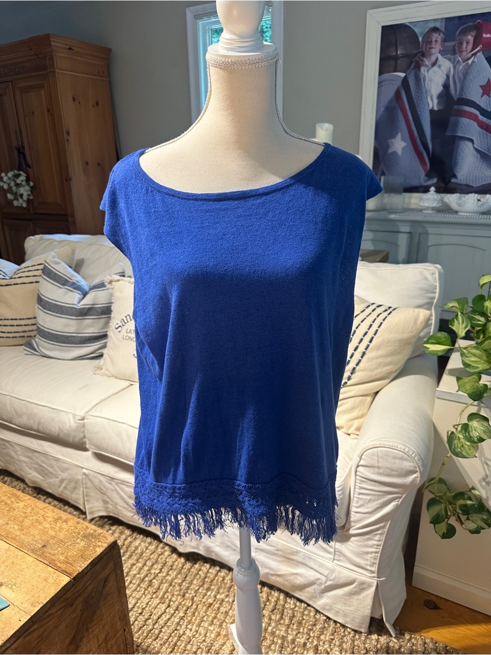Lilly Pulitzer Sugar Town Blue Linen Blend Fringe Hem Top